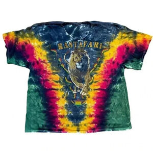 Vintage Rastafari Lion Men's All Over Tie Dye Reggae T-Shirt Cut Collar 2XL/3XL